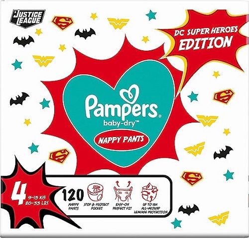 Baby Nappy Pants Size 4 (9-15 Kg/20-33 Lb), Baby-Dry Superhero, 120 Nappies