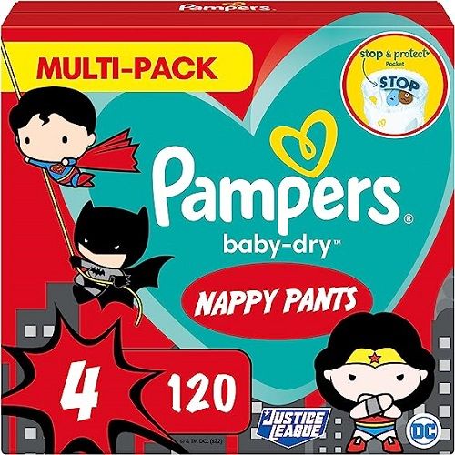 Baby Nappy Pants Size 4 (9-15 Kg/20-33 Lb), Baby-Dry Superhero, 120 Nappies