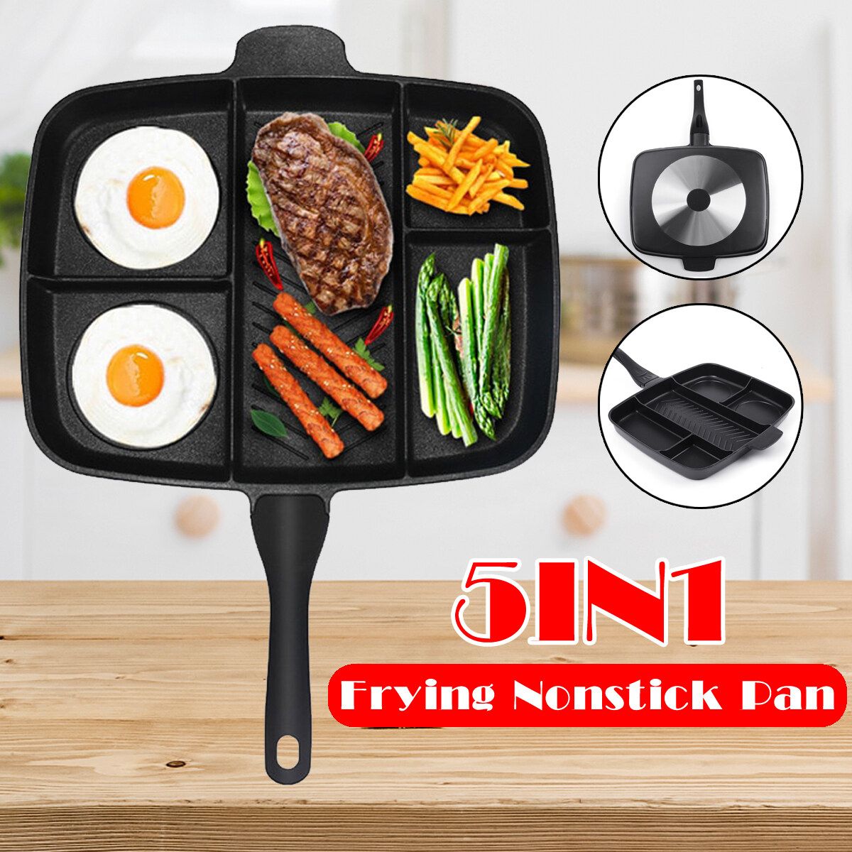 Frying Nonstick Pan 5 In 1 Partitions Divided Fry Fryer Multi-Function Black Square Cookware Deep Grill Toaster