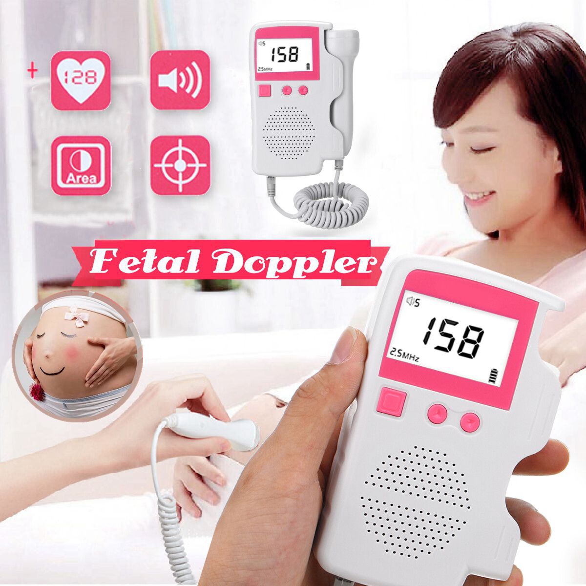 Heart Rate Pocket Fetal Doppler Ultrasound Baby Prenatal Scan Probe Heartbeat Sound Detector Accuracy ±2BPM