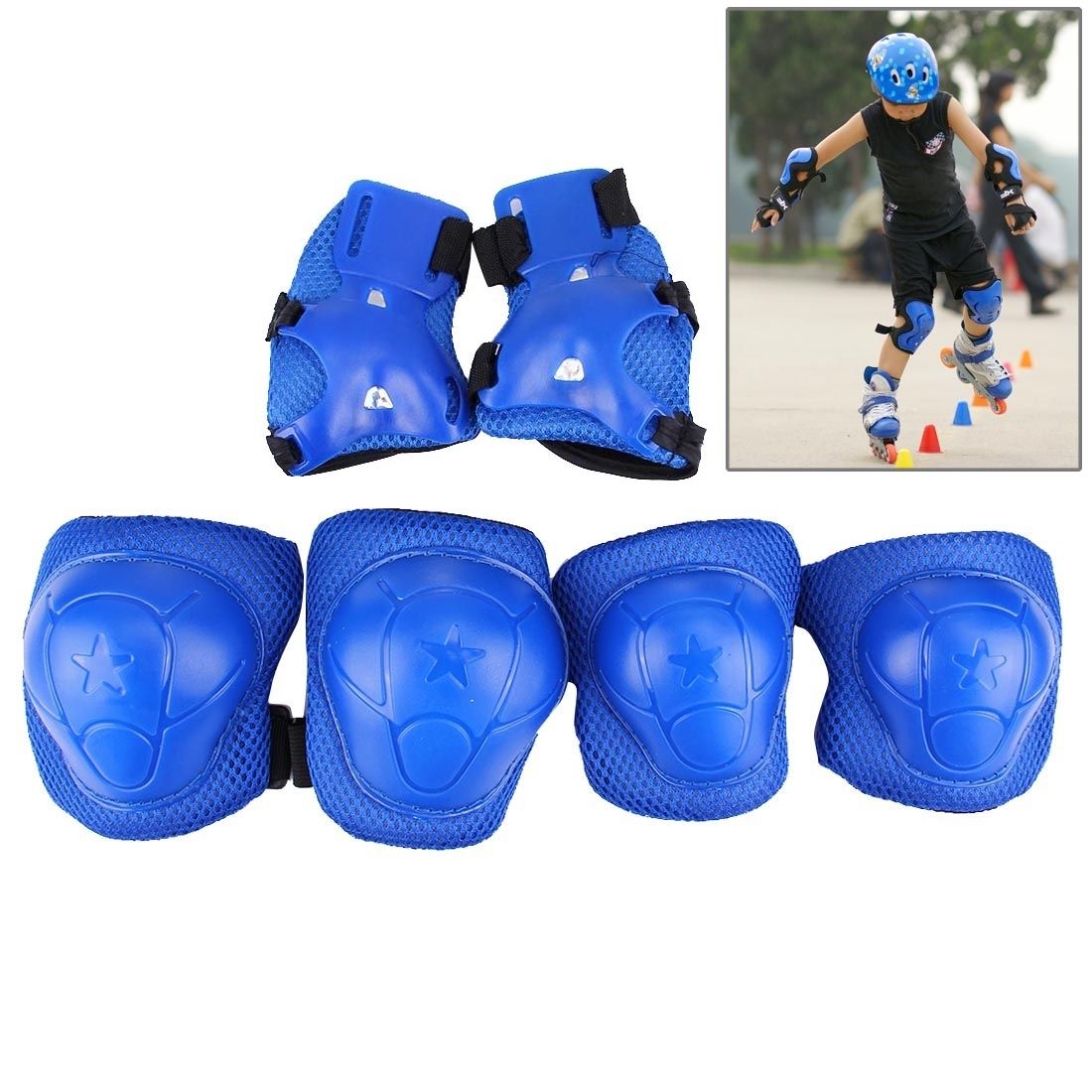 6 In 1 Roller Skate Knee & Elbow & Wrist Pads Protective Gear Sets(Dark Blue)