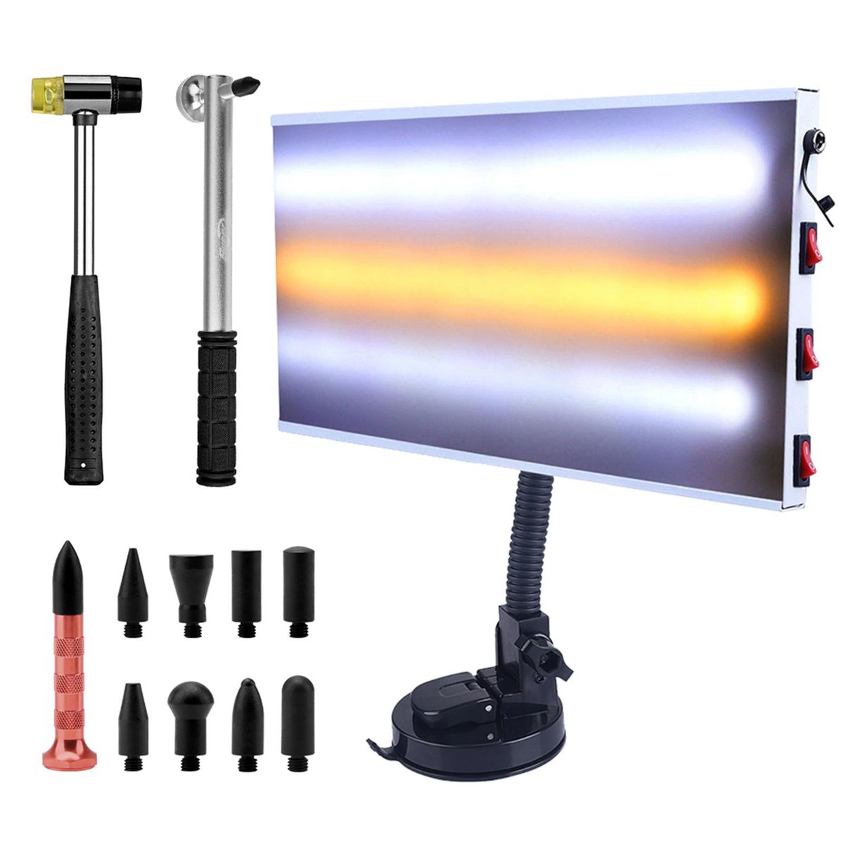 Paintless Dent Repair Kit, LED Paintless Dent Repair Light Board with Dent Repair Hammer Rubber Hammer Tap Down Pen Replacement Heads Set for Auto Body Dent Removal