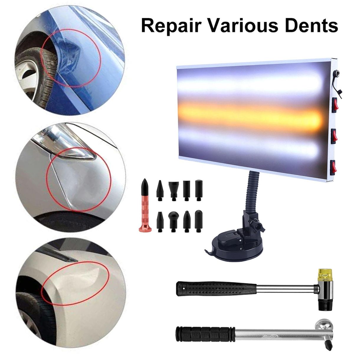 Paintless Dent Repair Kit, LED Paintless Dent Repair Light Board with Dent Repair Hammer Rubber Hammer Tap Down Pen Replacement Heads Set for Auto Body Dent Removal