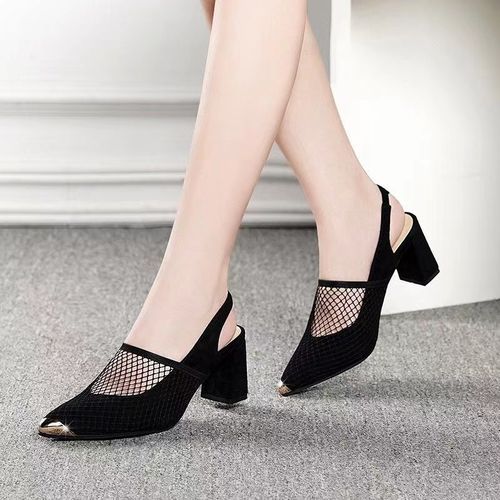 Ladies Fashion Chunky Heel Breathable Sandals - Black