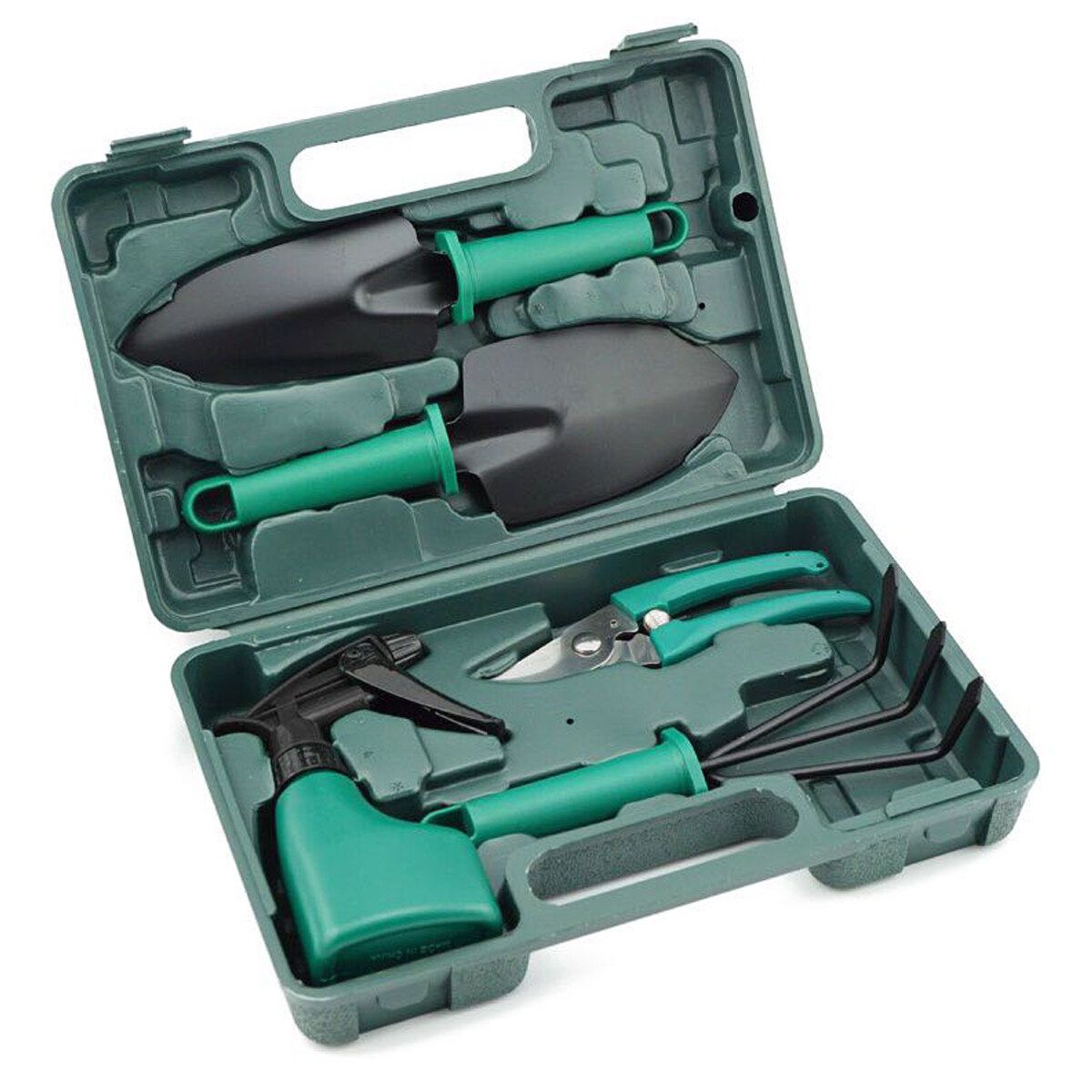 5PCS Garden Tool Set Grafting Pruning Shovel Rake Weeding Harrow Spray Bottle With Storage Box Household Multifunctional Kit Garden Planting Plastic Case Packing Deep Green