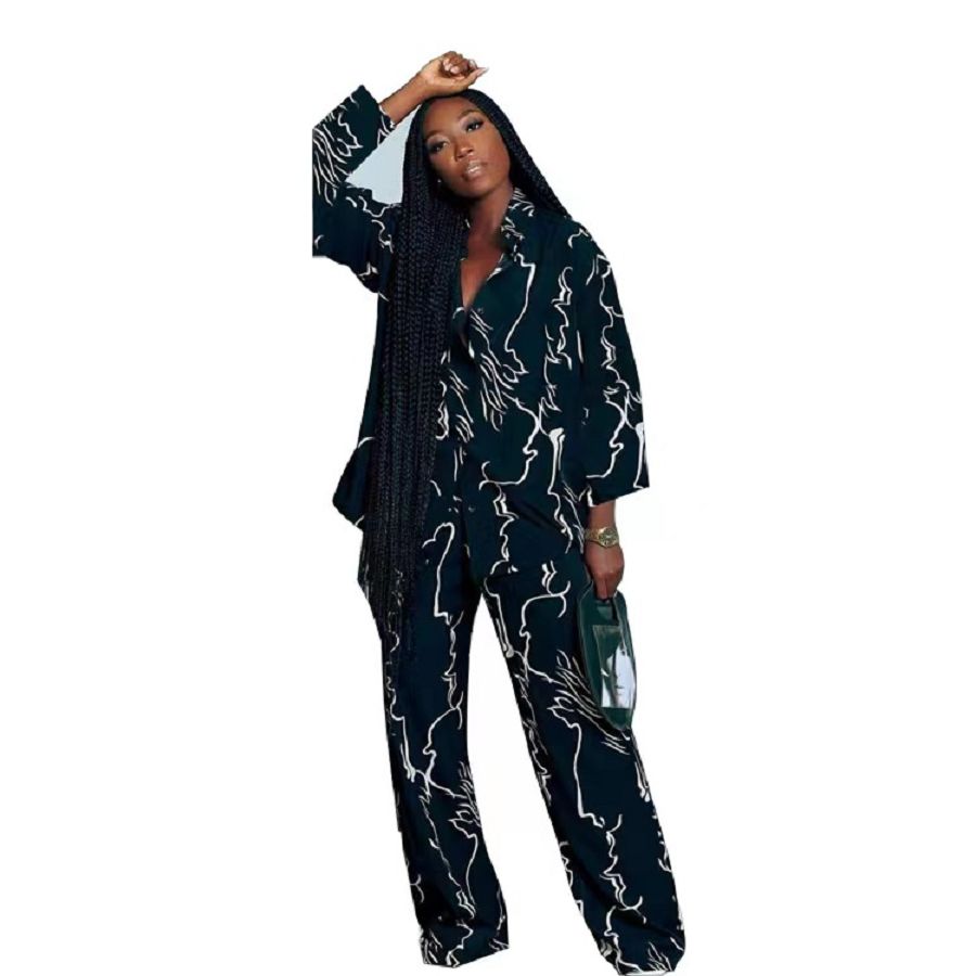 {MijaGrace} Women's Classy Printed Loose 2 Piece Pant Set - Black