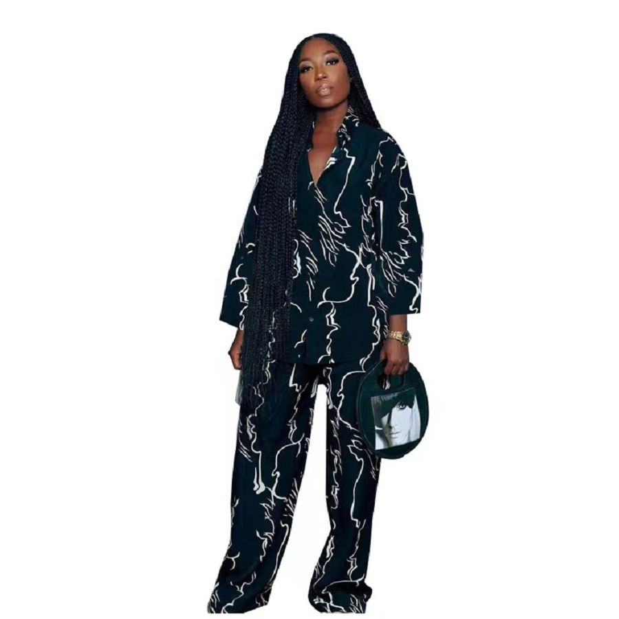 {MijaGrace} Women's Classy Printed Loose 2 Piece Pant Set - Black