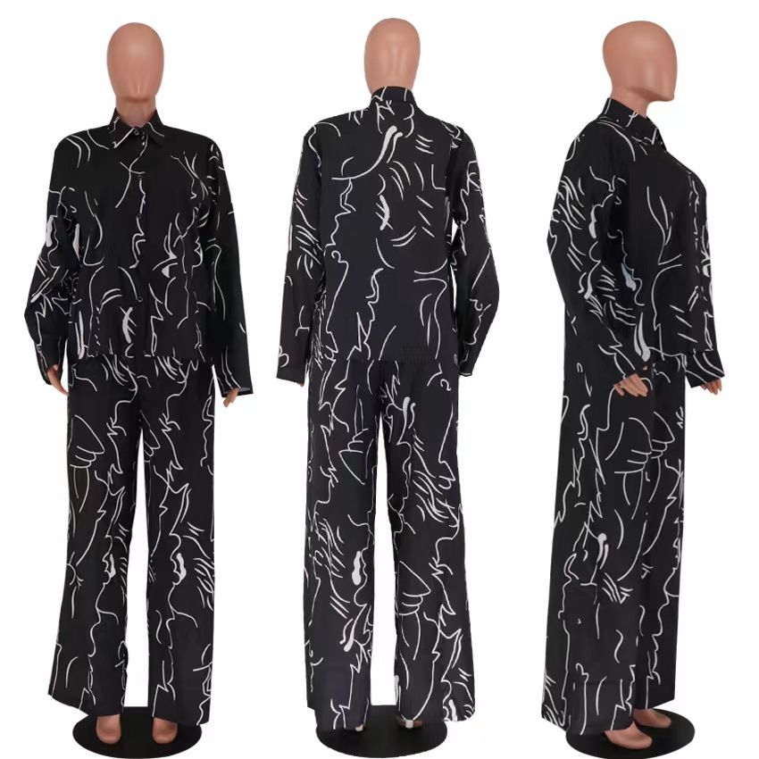 {MijaGrace} Women's Classy Printed Loose 2 Piece Pant Set - Black
