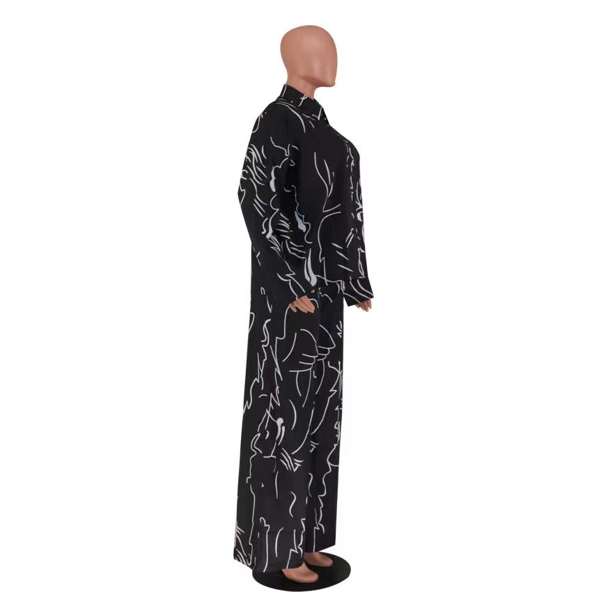 {MijaGrace} Women's Classy Printed Loose 2 Piece Pant Set - Black