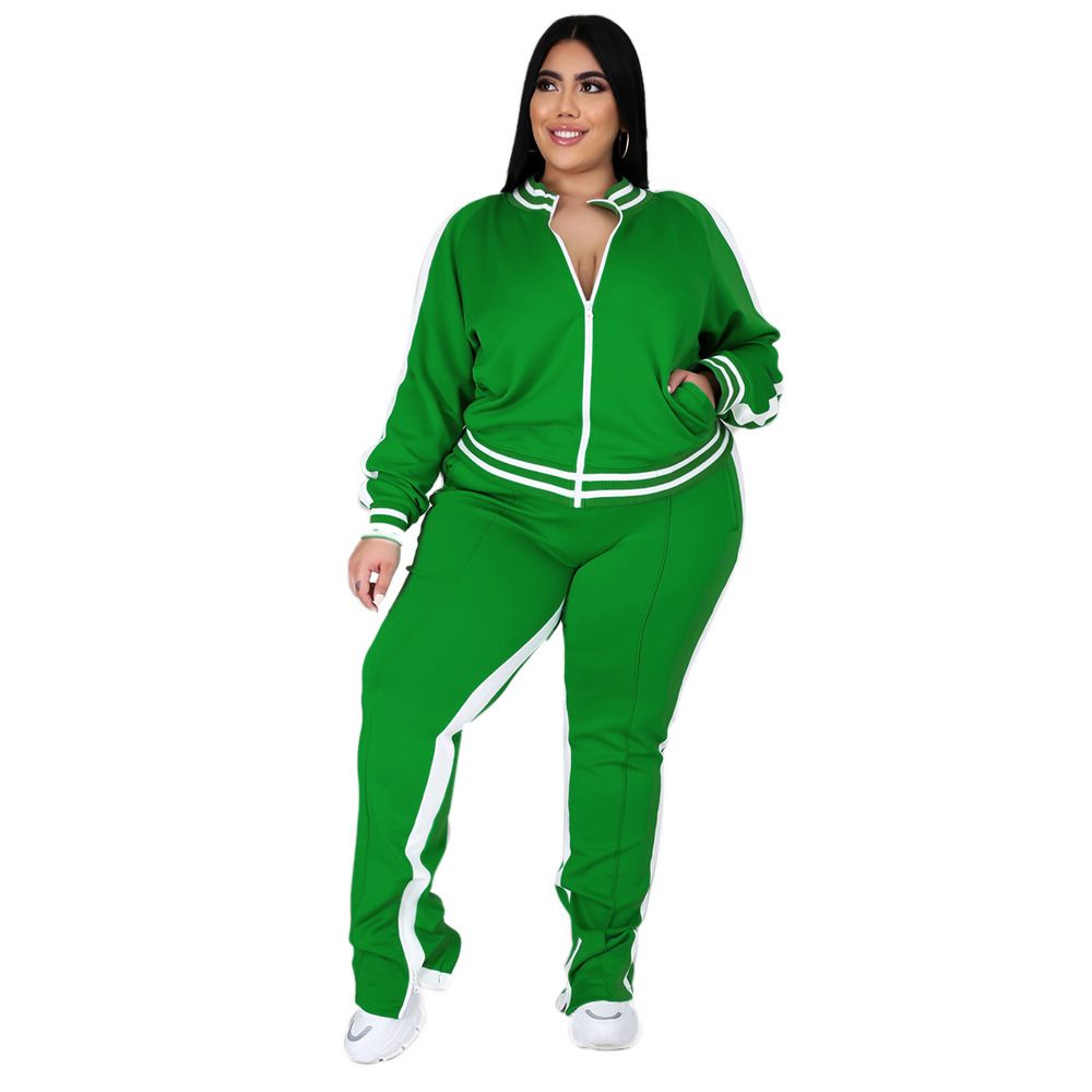 Women Plus Size Clothing 2 Piece Set Long Sleeve Sweatshirt-Green