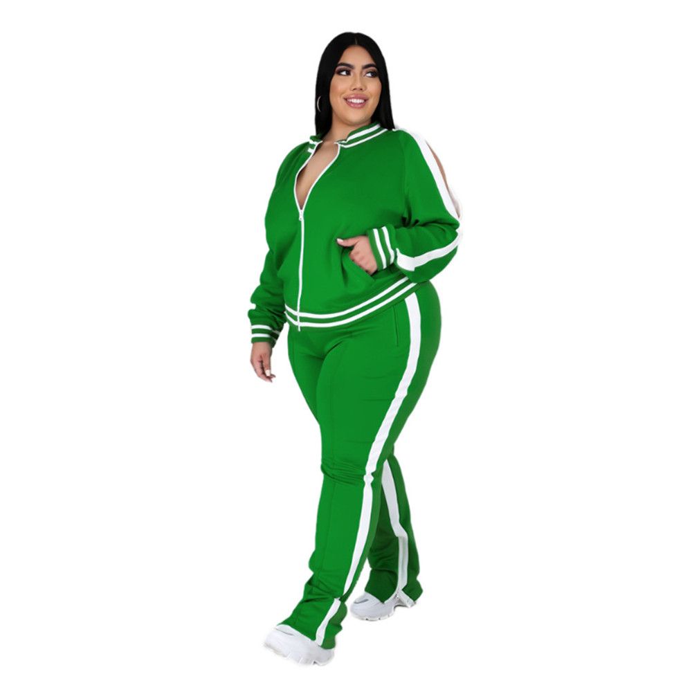 Women Plus Size Clothing 2 Piece Set Long Sleeve Sweatshirt-Green