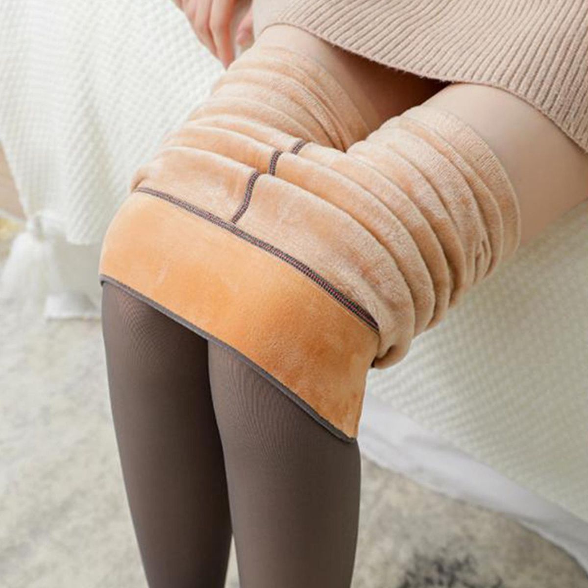 Women Winter Tights Thermal 300G Fleece Lined Brown Translucent