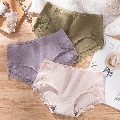 Women Sexy Lace Soft Breathable Stretchy Cotton Underwear Briefs-Light Gray