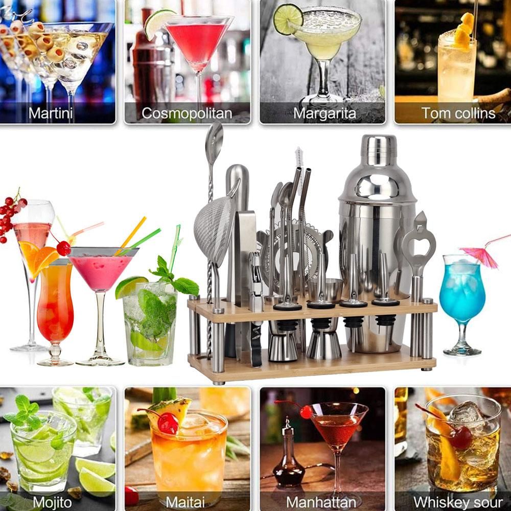 20pcs Bar Cocktail Set Shaker Drink Making Kit Stainless Steel Mixer Making Gift with Holder Base