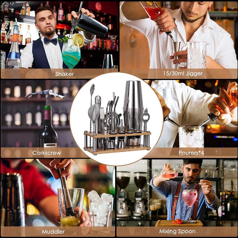 20pcs Bar Cocktail Set Shaker Drink Making Kit Stainless Steel Mixer Making Gift with Holder Base