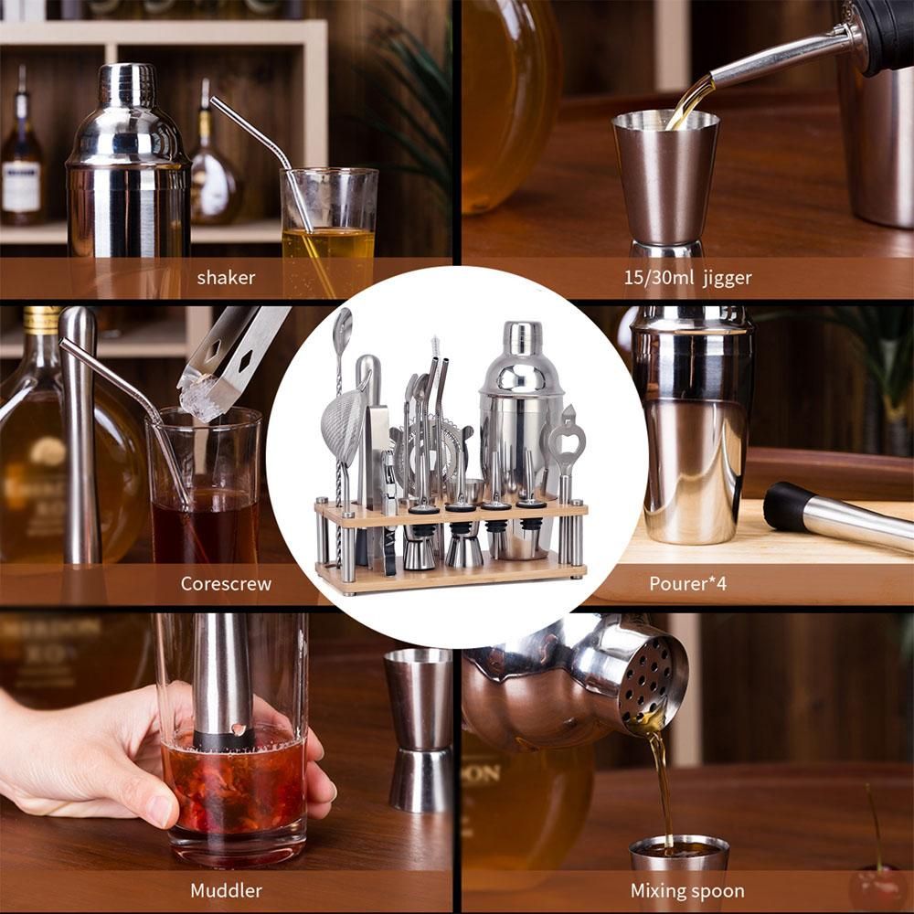 20pcs Bar Cocktail Set Shaker Drink Making Kit Stainless Steel Mixer Making Gift with Holder Base