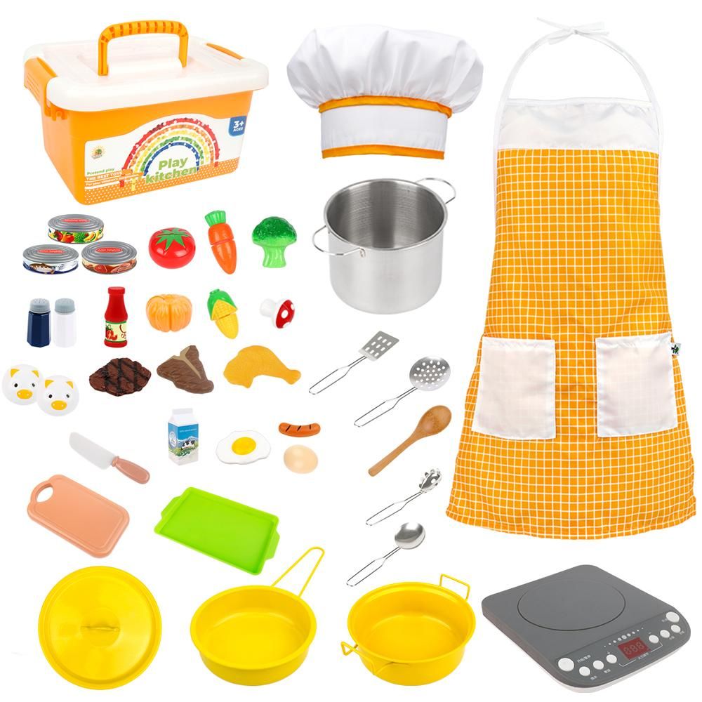 38pcs Kids Cooking Set Kitchen Toys for Kids Cooking Playset with Storage Case Pot & Pans Set Apron & Chef Hat Cutting Vegetables for 3 Years Old or Above Girls Boys Birthday Christmas Gift