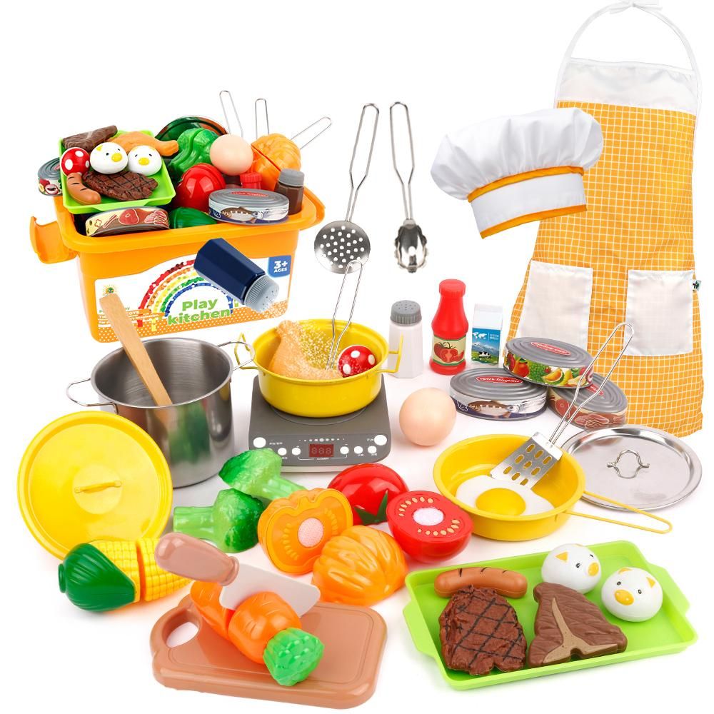 38pcs Kids Cooking Set Kitchen Toys for Kids Cooking Playset with Storage Case Pot & Pans Set Apron & Chef Hat Cutting Vegetables for 3 Years Old or Above Girls Boys Birthday Christmas Gift