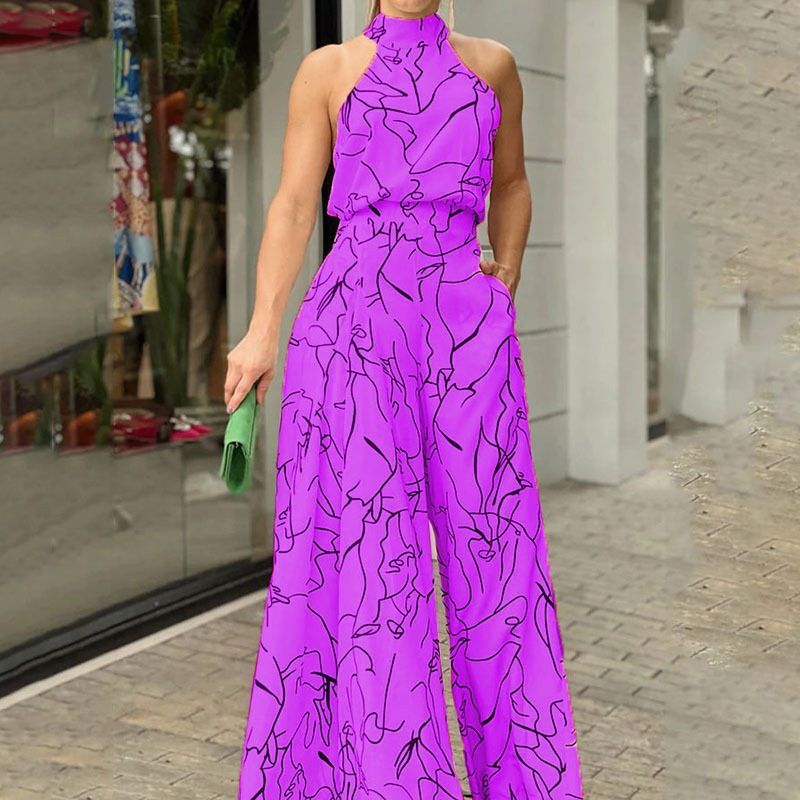 Summer Ladies Chiffon Halter Neck Pleated Loose Fit Sleeveless Rompers Jumpsuits
