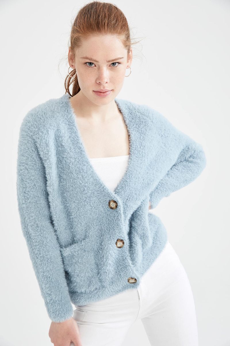 Woman Young Relax Fit V Neck Long Sleeve Tricot Cardigan - Turquoise