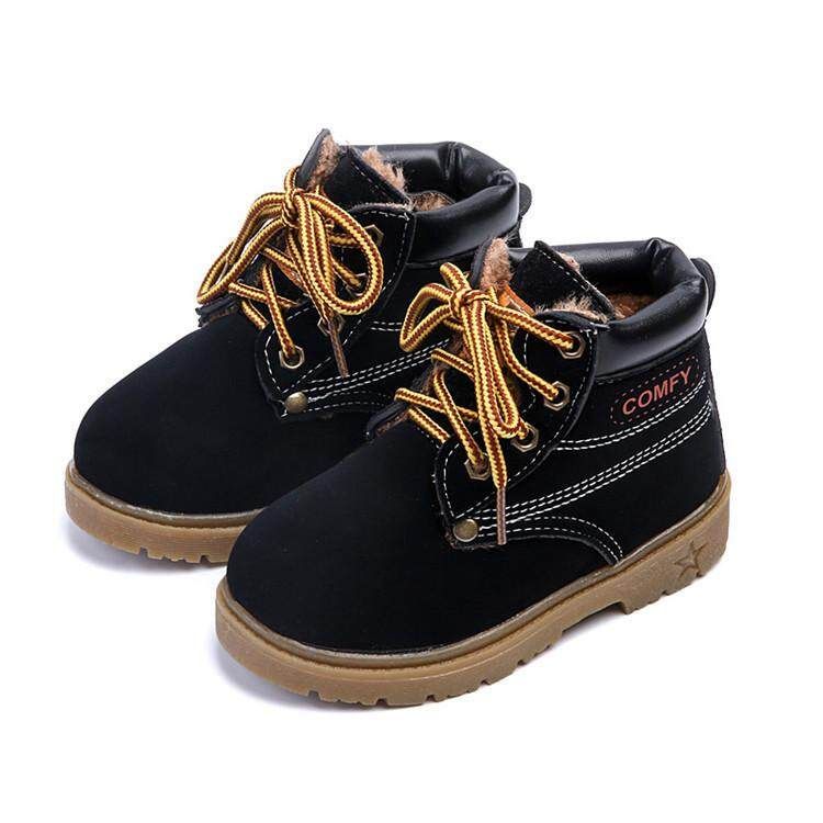 Baby Kids Boy Girl PU Leather Snow Boots Fur Lined Winter Warm Shoes Black 21