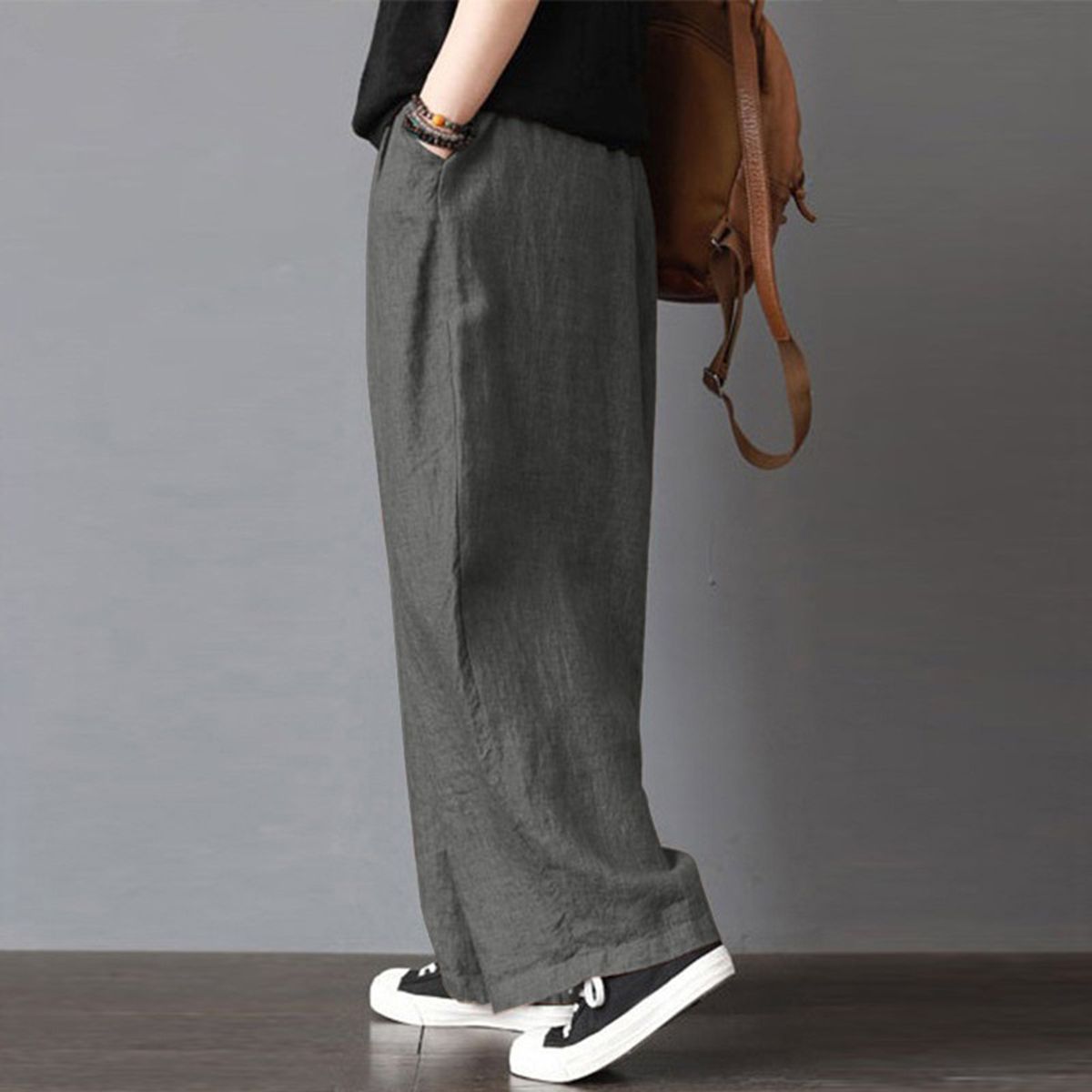 Women Cotton Linen Wide Leg Pants Elastic Waist Pockets Comfy Solid Loose Casual Trousers-grey