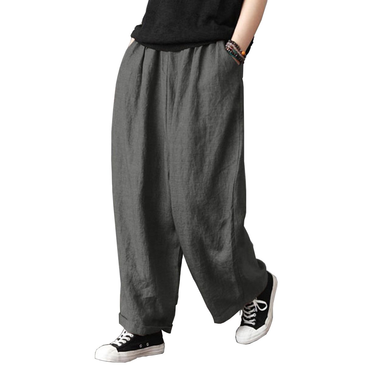 Women Cotton Linen Wide Leg Pants Elastic Waist Pockets Comfy Solid Loose Casual Trousers-grey