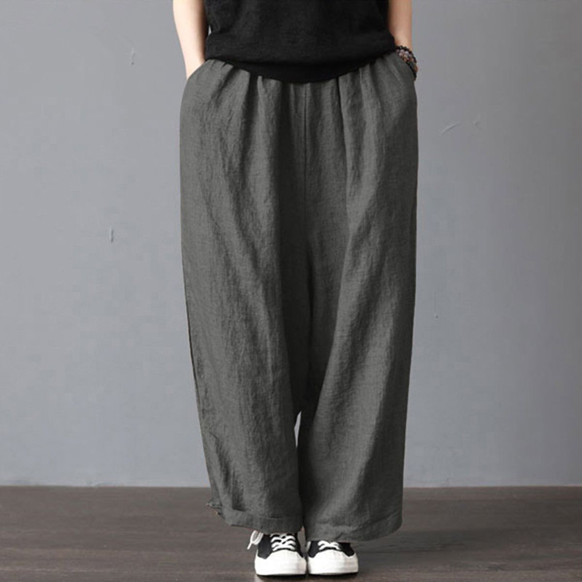 Women Cotton Linen Wide Leg Pants Elastic Waist Pockets Comfy Solid Loose Casual Trousers-grey