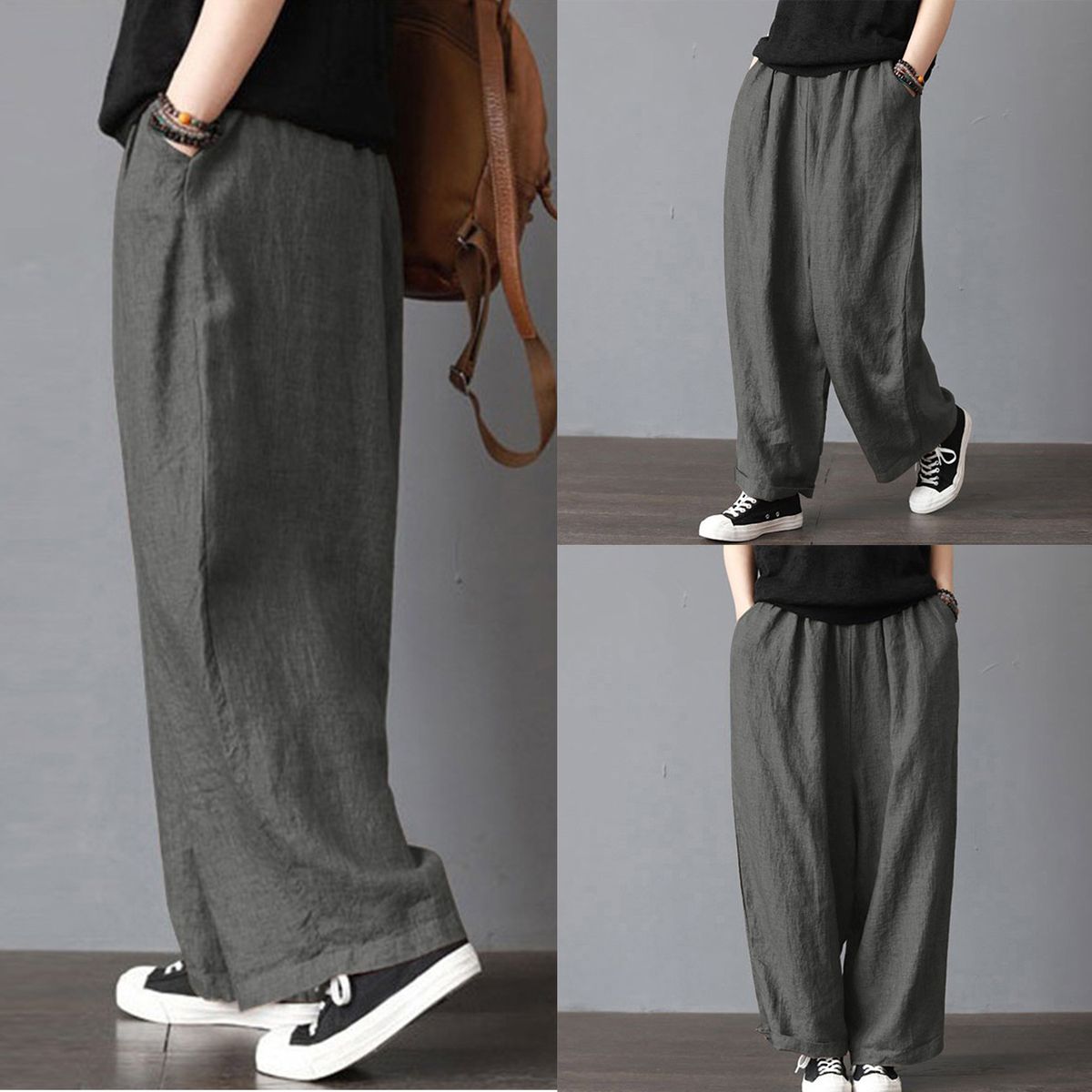 Women Cotton Linen Wide Leg Pants Elastic Waist Pockets Comfy Solid Loose Casual Trousers-grey