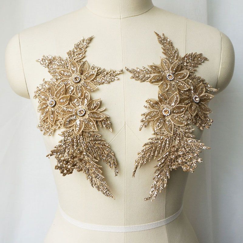 2Pcs Embroidered Sequin Cloth Sticker Rhinestones Sequin Lace Applique Sewing Flower Fabric Patch For Wedding Dress Diy Crafts Gold