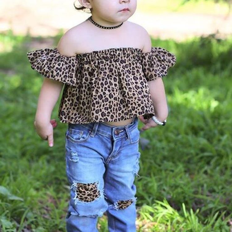 Girls Leopard Print Tube Top + Denim Trousers + Hair Band Set, Kid Size:90cm(Leopard)