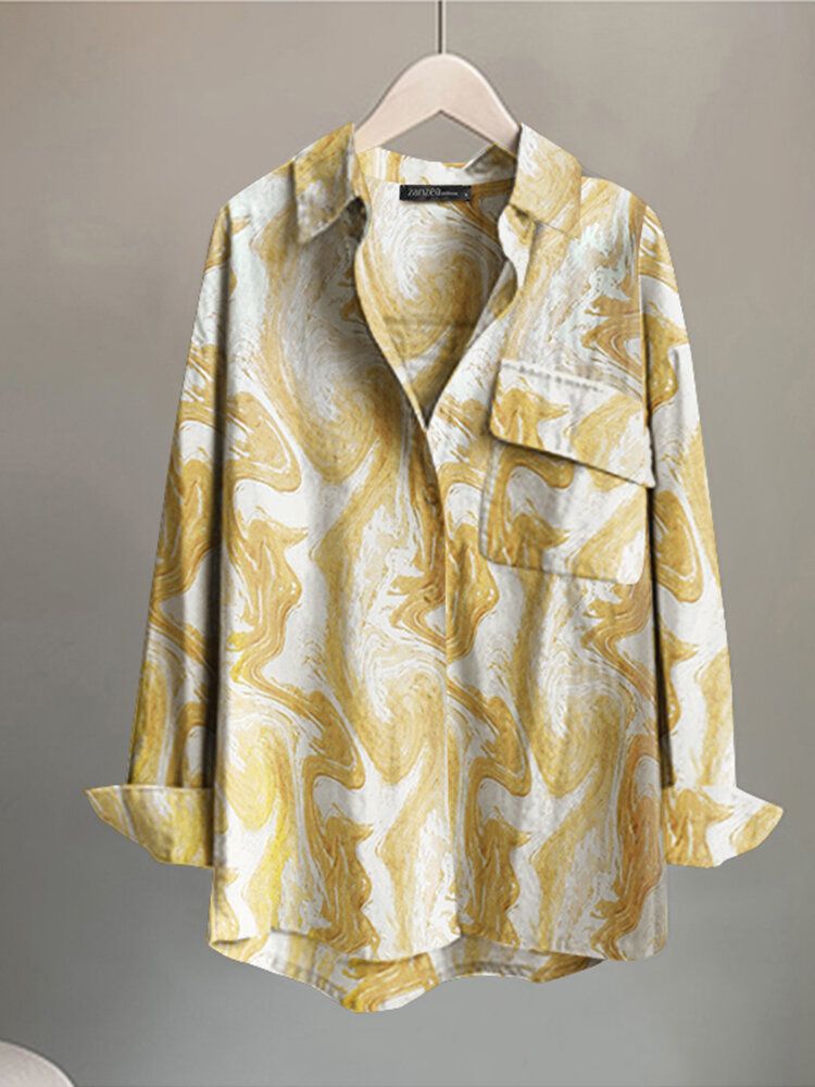 Wave Pattern Pocket Split Button Lapel Long Sleeve Blouse-Yellow