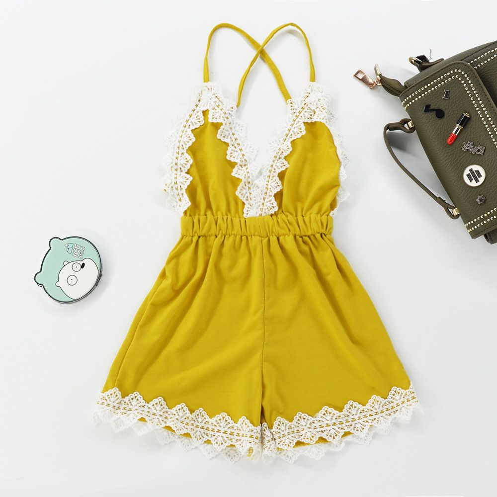 Summer Baby Girl Lace Trim Backless Romper Shorts Jumpsuit