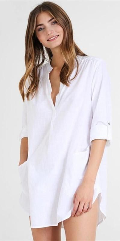 Human cotton stand collar, two side pockets, shirt style beach wear, holiday shirt, bikini jacket,