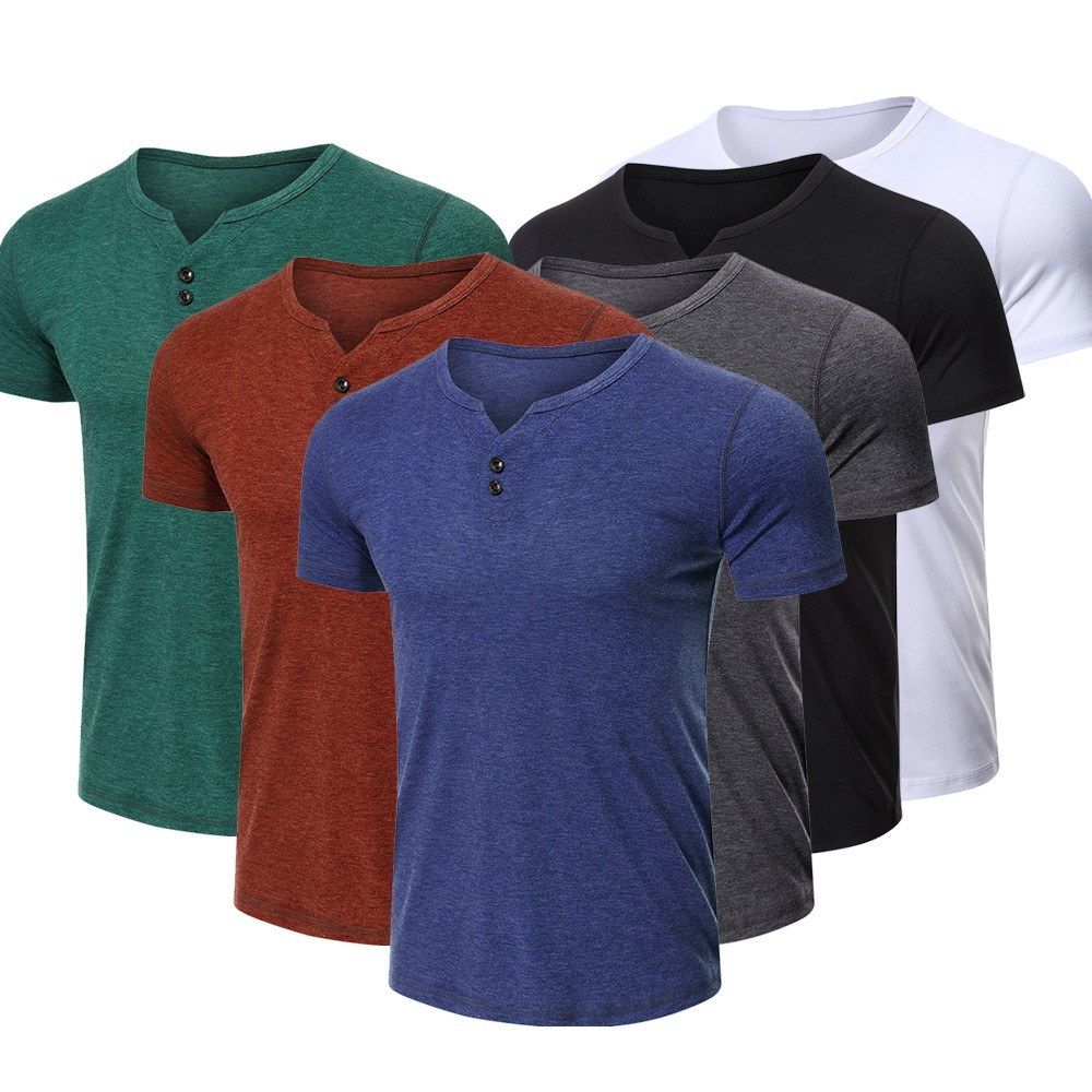Men Short Sleeved T-shirt O Neck Buttons Solid Street Summer Tees Casual Tops-dark Gray