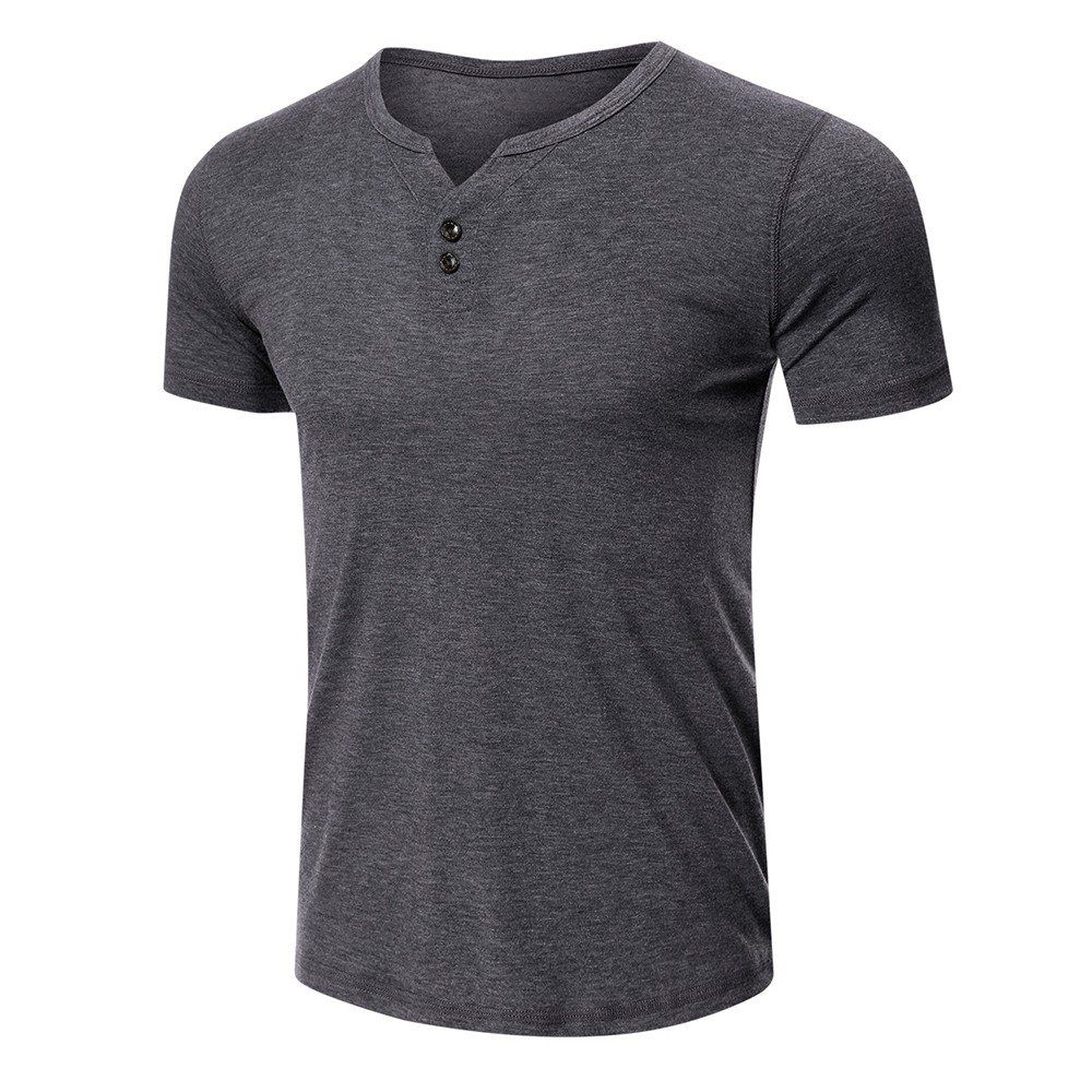 Men Short Sleeved T-shirt O Neck Buttons Solid Street Summer Tees Casual Tops-dark Gray