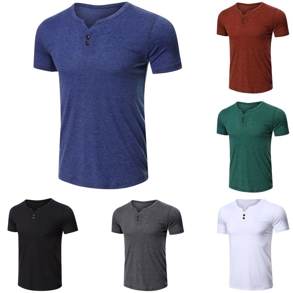 Men Short Sleeved T-shirt O Neck Buttons Solid Street Summer Tees Casual Tops-dark Gray