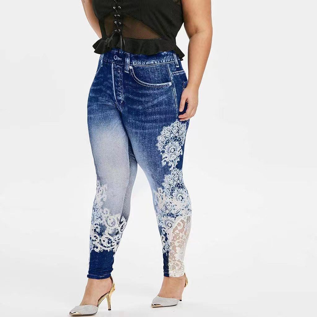 {MijaGrace} Women's High Elasticity Denim Printed LEGGINGS - Blue