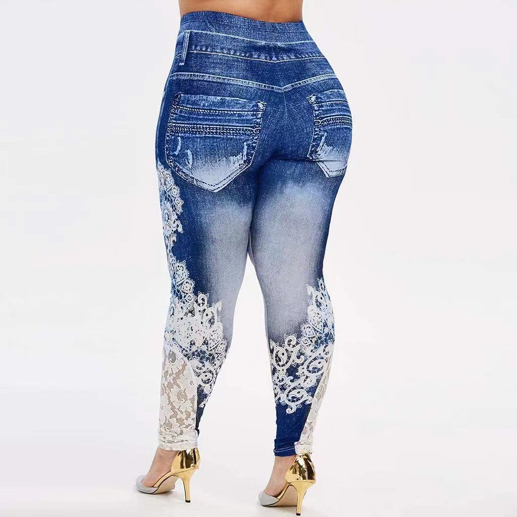 {MijaGrace} Women's High Elasticity Denim Printed LEGGINGS - Blue
