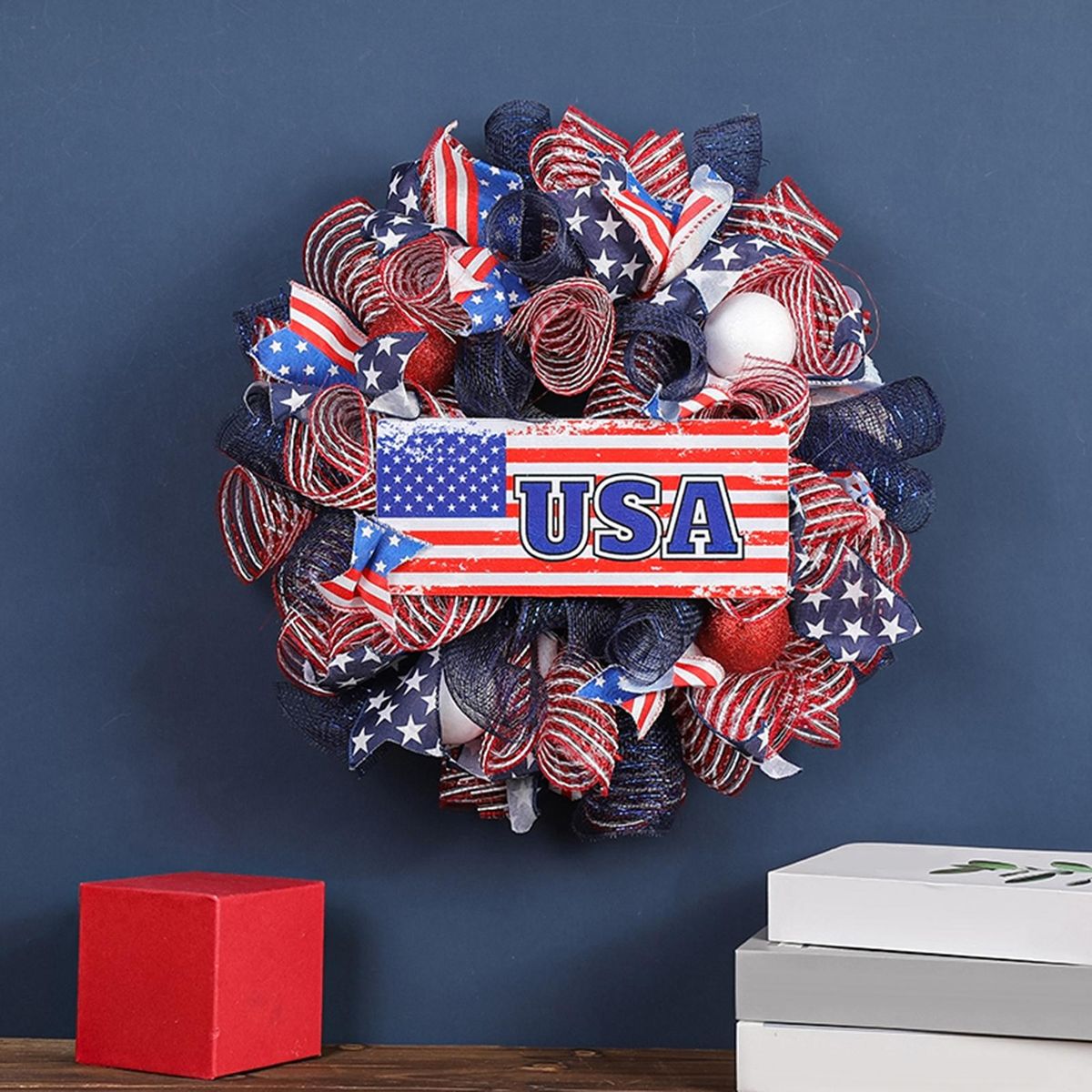 Wreath Pendant American Flag Pattern Independence Day Garland Blue and Red