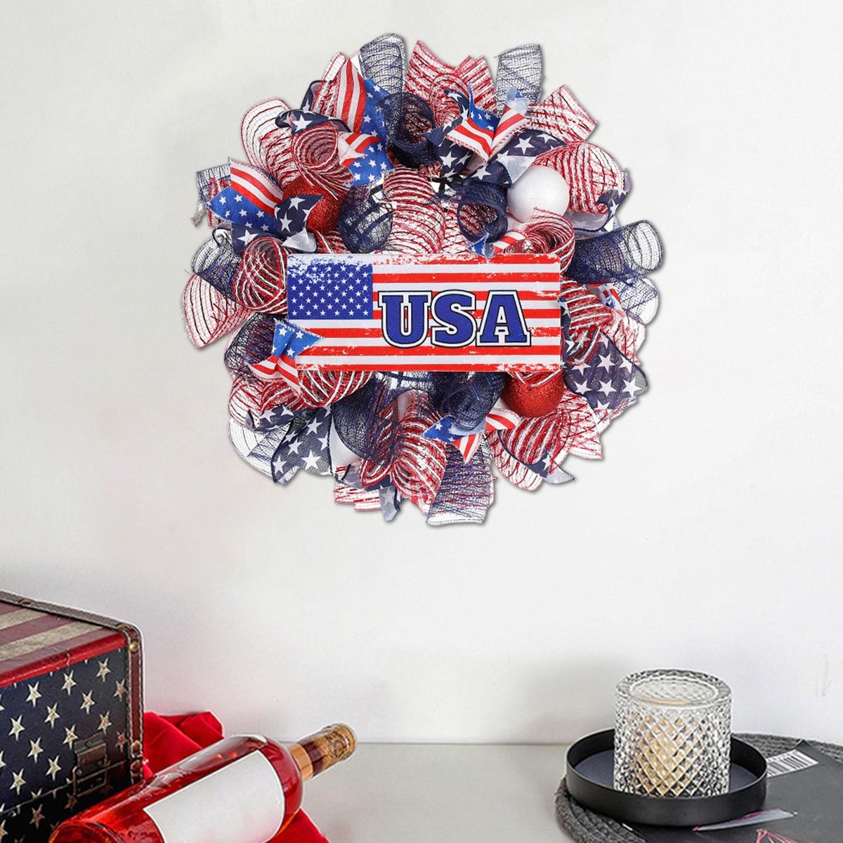 Wreath Pendant American Flag Pattern Independence Day Garland Blue and Red