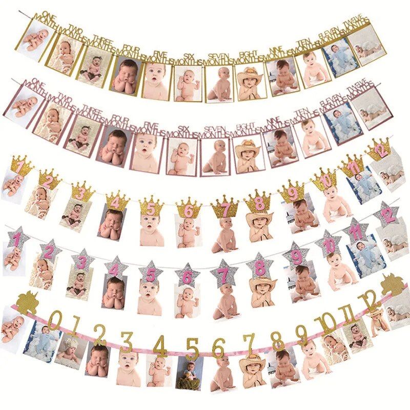 Meidding Baby Birthday Banners 12 Months Photo Bun