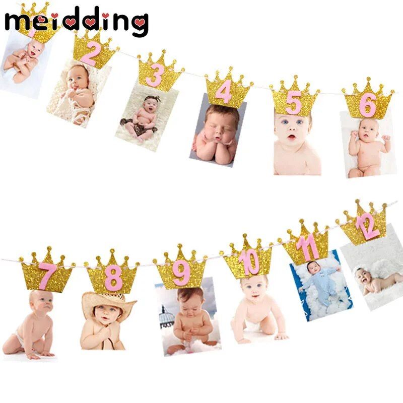 Meidding Baby Birthday Banners 12 Months Photo Bun