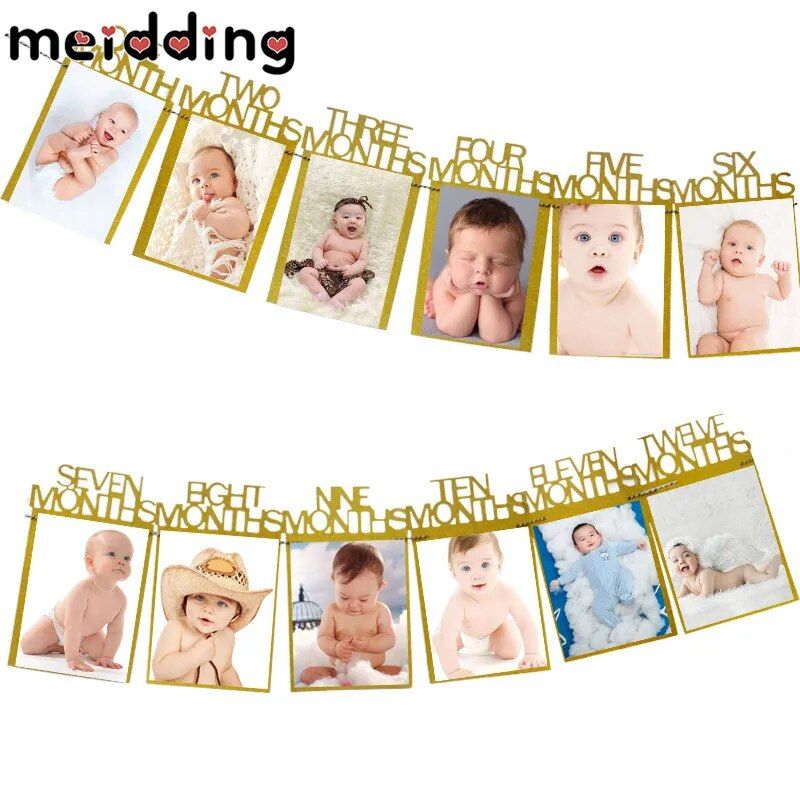 Meidding Baby Birthday Banners 12 Months Photo Bun