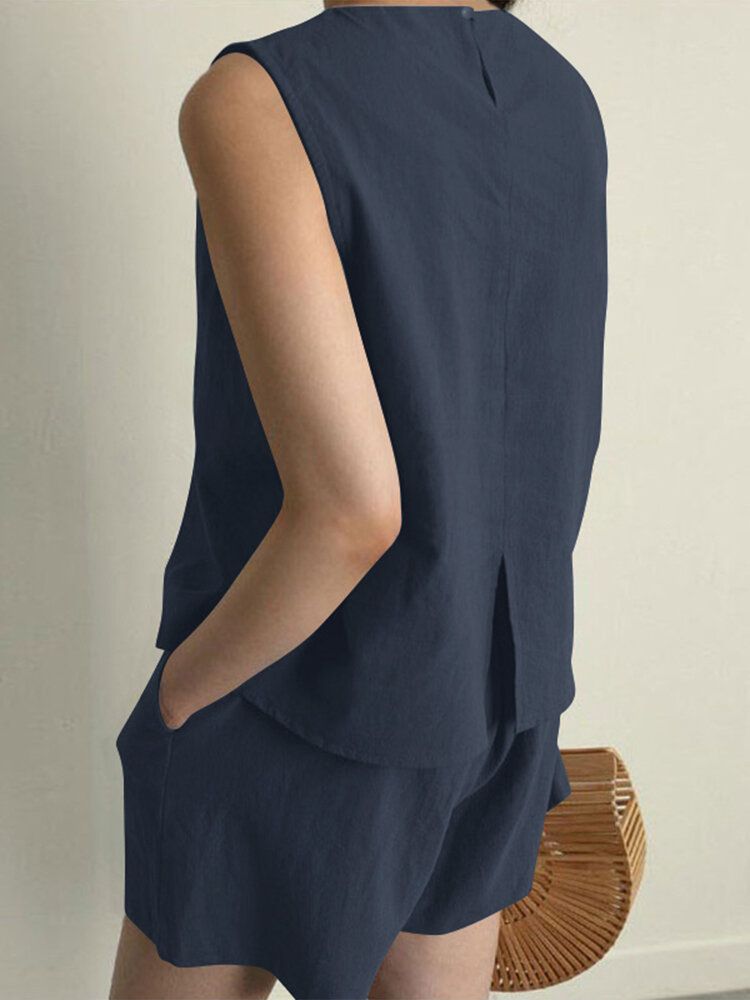 Solid Slit Back Pocket Elastic Waist Two Pieces Suit-Yellow