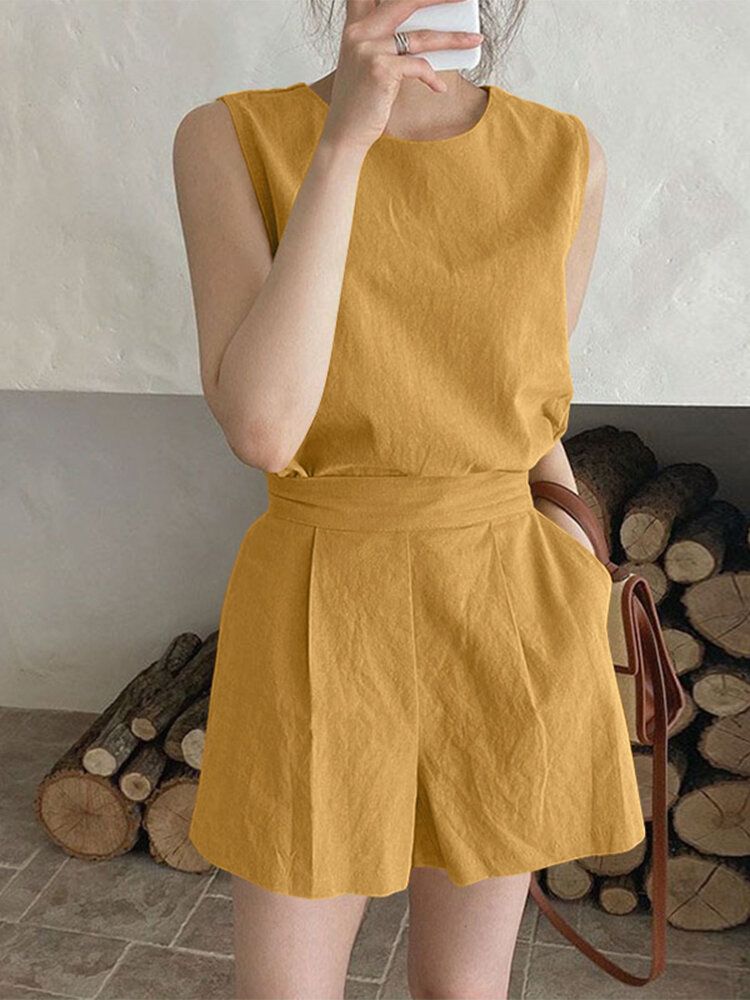 Solid Slit Back Pocket Elastic Waist Two Pieces Suit-Yellow