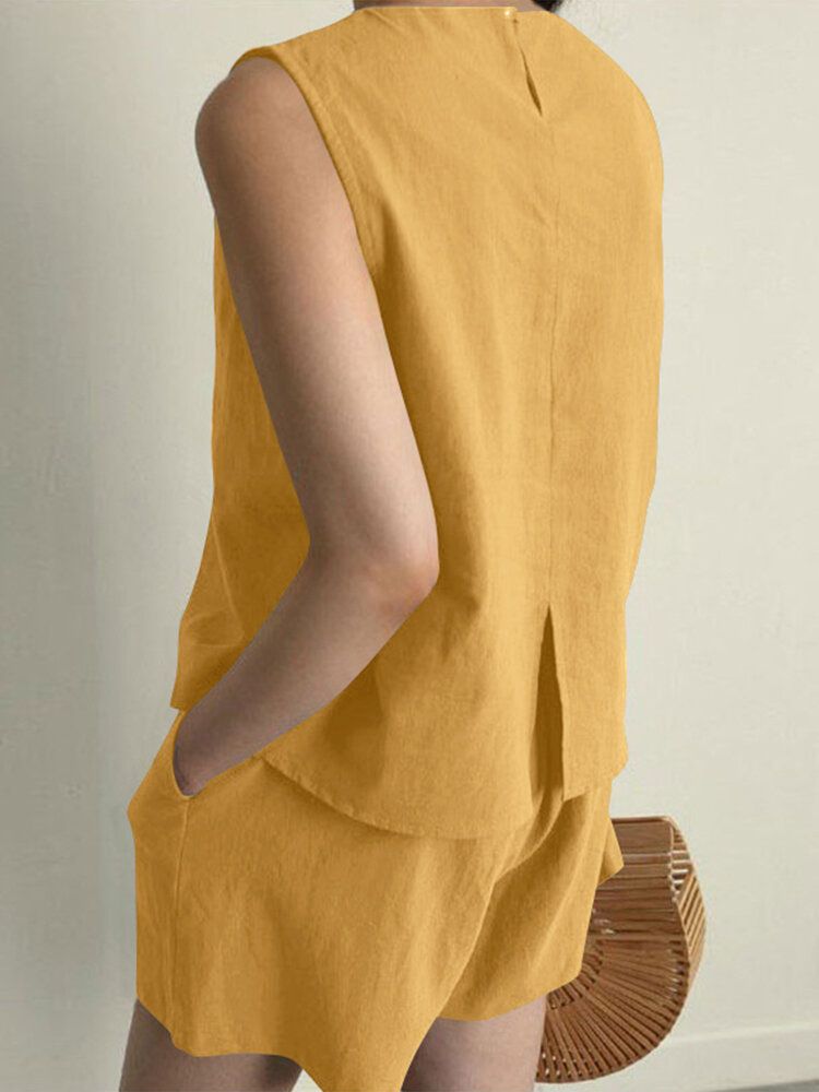 Solid Slit Back Pocket Elastic Waist Two Pieces Suit-Yellow