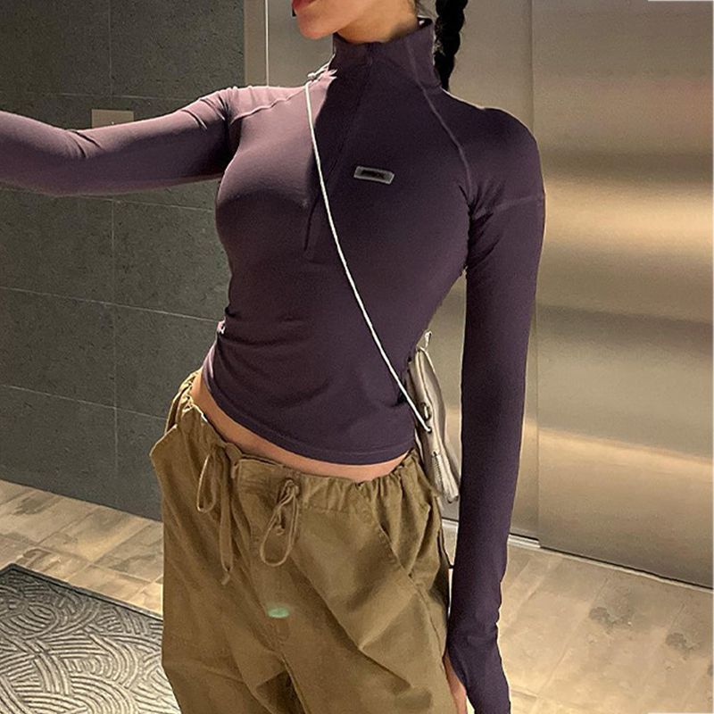 Women Zipper Long Sleeve T-shirt Streetwear Casual Sexy