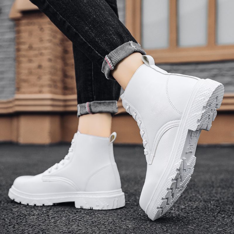 Winter Men Boots Waterproof Leather Shoes EUR Size 39-46 High Top Fashion Chukka Boots High Quality Motorcycle Ankle Boots Outdoor Work Casual Shoes Lace Up Non-slip Trend Western Boots White