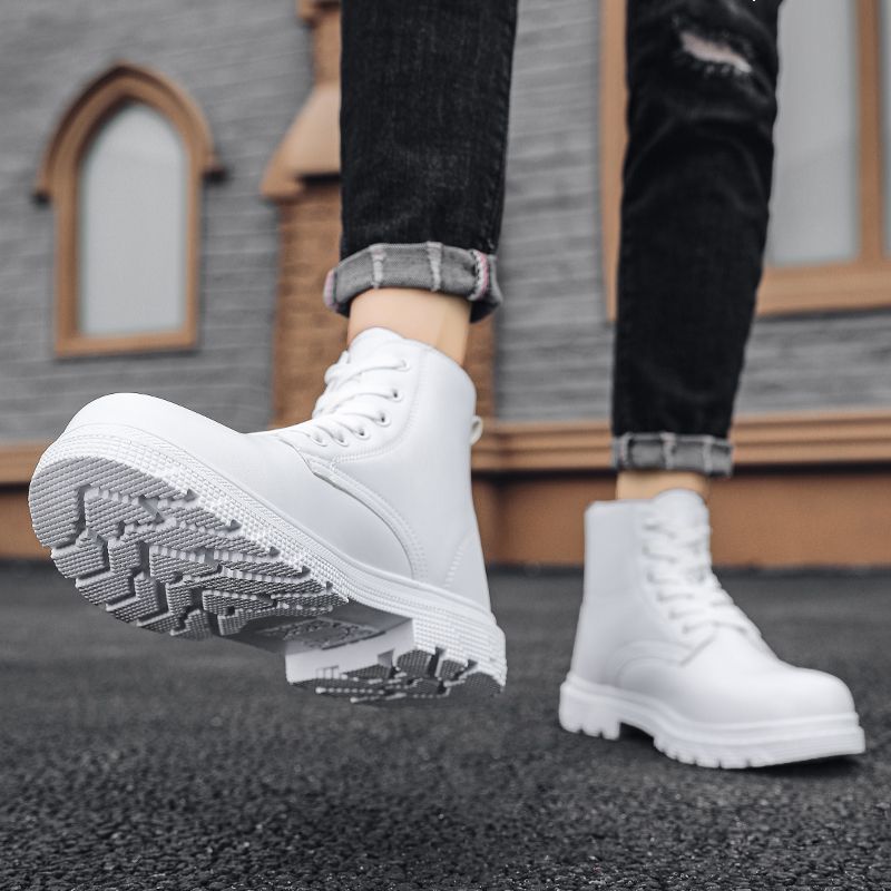 Winter Men Boots Waterproof Leather Shoes EUR Size 39-46 High Top Fashion Chukka Boots High Quality Motorcycle Ankle Boots Outdoor Work Casual Shoes Lace Up Non-slip Trend Western Boots White